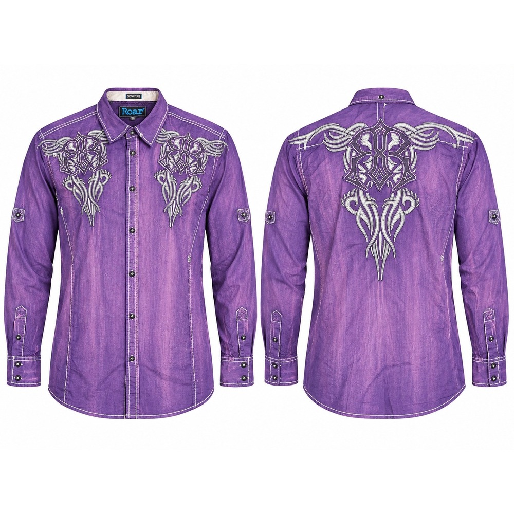 Roar Signature Chadwick Mens Purple Acid Wash Tribal Embroidered Shirt Large